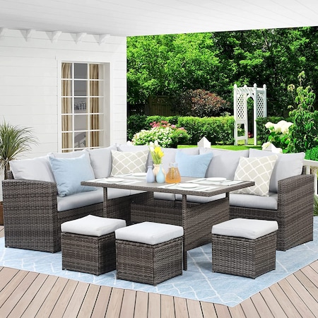 Moootto 7-Pieces PE Rattan Wicker Patio Dining Sectional Cusions Sofa Set TBZOKX-016GRHY